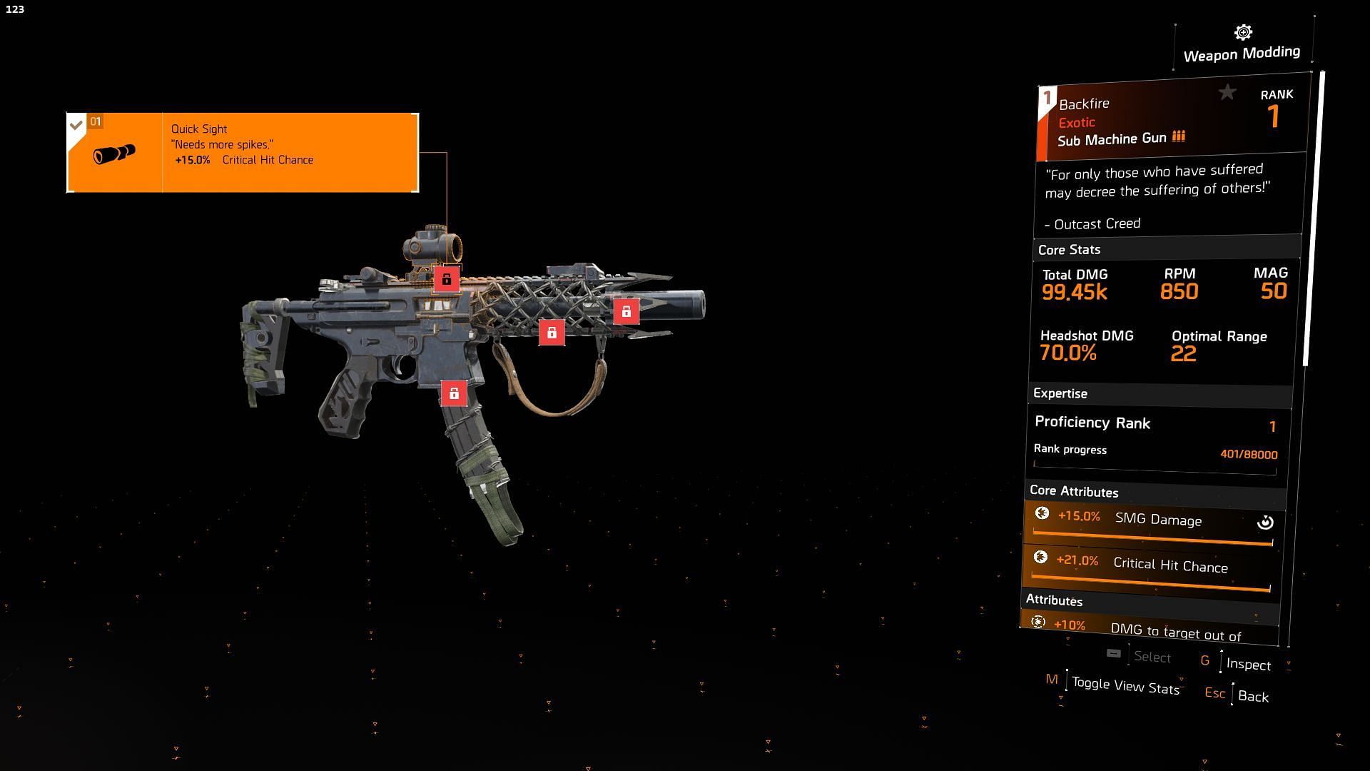 The Backfire exotic SMG with maxed out attributes (Image via Sportskeeda Gaming || Ubisoft)
